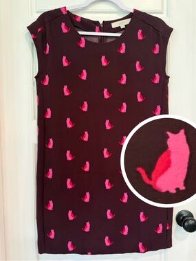 LOFT Cat Print Shift Dress XS Maroon Red Hot Pink Sleeveless Mini Dress NWOT